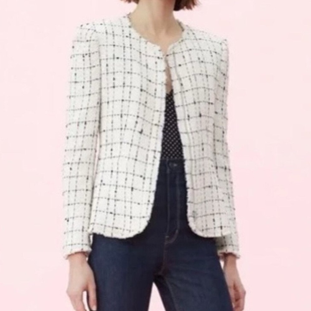 Rebecca Taylor Glen Plaid Tweed Frayed Edge Jacket Preppy Business Blazer Size 8
